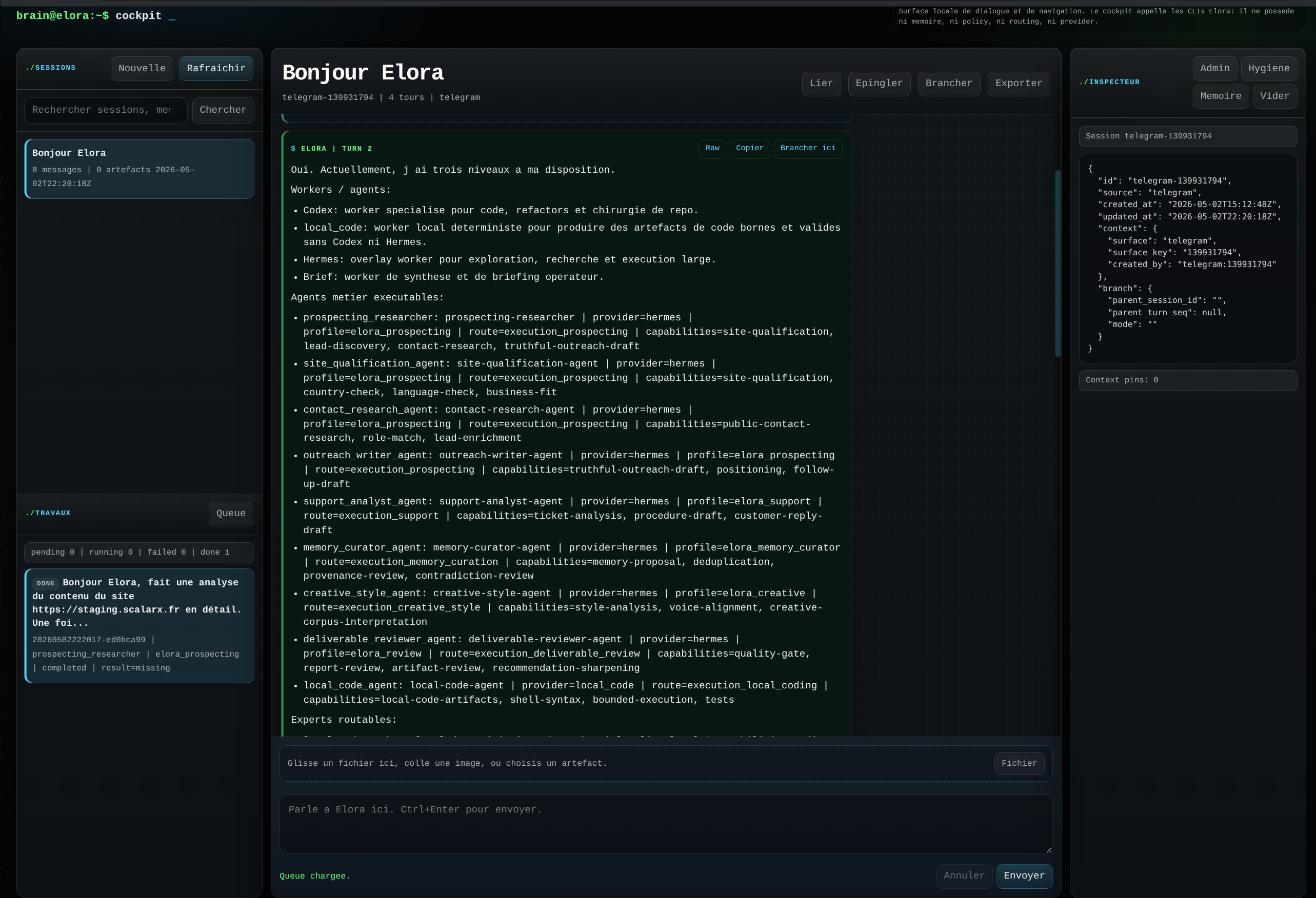 Capture du cockpit local Elora avec sessions, conversation centrale, queue et inspecteur JSON.